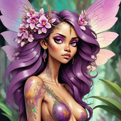 Prompt: vibrant inkpunk style photo of a full body bare breasted Maldivian woman with beautiful eyes with fairy wings made of Ametrine, she is feeling pleasure, detailed orchidaceae, intricate detailed linework, intricate eye details, beautiful colors, high quality, detailed wings, elegant, intricate linework, vibrant colors, inviting pose, professional, atmospheric lighting