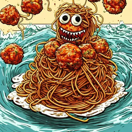 Prompt: Spaghetti monster with meatballs for eyes, surfing on garlic bread in an ocean of marinara sauce