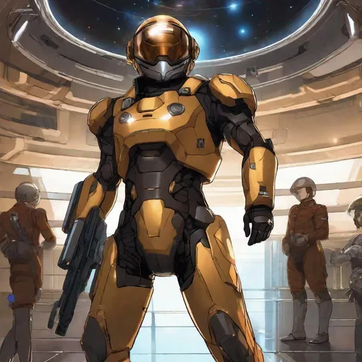 Prompt: From distance. Whole body. Full figure. A Czech male soldier in scifi 20th century uniform.  Cyborg implanted. He has a scifi adrian helmet with a scifi line visor covering his face.  Dark brown uniform with gold details.  In background a space base. Anime art. Hideoki Ano art. Evengelion art. Rpg. Anime style. Akira art. 2d art. 2d. Well draw face. Detailed. Whole figure. Full body. 