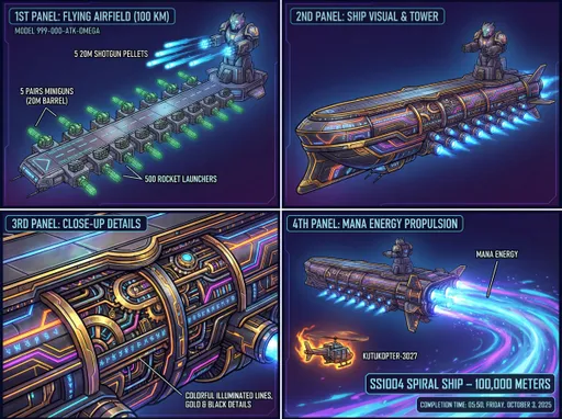 Prompt: uçan düz uzun 100 km burun hava alanını olarak bu 1ci panel ve 5 çift minigunlu namlu boyu 20 metre top mermisi için uygun ve 500 lü roket atarlar var kule omuzlarında kule kafasında 5li 20 metre pompalı tüfek saçmaları la ateş eden 1 kafası var bu kule adı model 999-000-atk-omega dır ve hava gemisinin uygun boş alanlarında takılı olacak bu kuleyi göstermek için 2ci panel görseli bu ve geminin renkleri altın siyah detaylı rengârenk ışıklı çizgileri var bu küçük detayları göstermek için yakın görseli 3cü panel olsun 20 motorlu 1 tasarımı var arkasında 4cü panelde gösterilecek mana enerjisi le uçuyor bu gemi
_
🛸 SS1004 Spiral Gemi – 100.000 Metre
_
bunu ayarlamam 30 dakika sürdü düşünmem 1 saat yani de
_
[kutu gövdeli 1 helikopter nanofarbrick kozmik altın dan bu [(nanofarbrick kozmik altın 3027) madeni mor ateş auralı ve sonsuz enerjili 1 yapısı var görünüşü kırmızı ve mavi renkli detayları var güç kalkanı elektirik efekli ve özeligi tanrısal 1 yükseltici normal 1 matareli tanrısal seviyeye geliştirir](hileli sistem)
[kuyruğun da 5 sıra hangar 2 sıra olarak dizile o kısım dikdörtgen tasarımlı motorları iyonik tıransperan motorlar görünüşü köşeleri 3gen çerçevesi 6gen tasarım kanatları 50 km kadar düz 1 parça 2ci eklentileri 30 derecelik öne doru 3genleşiyor kanatların altında ve üstüne farklı sistemler var (alt kanatlar kısmı fırlatıcı sistem 100 metrelik robotlar fırlatıyor robotların kolarında üst kısımda keskin inşancı silahları var modeli (5657-340-atomik-gun-beta) yan yana 2 tane yapışık yörünge lazeri etkisi yapan 5 saniye aralıklarla ateş eden vurdugu nokta da 100 km kırater açan 1 yapısı vardır hasar tipinin sağ yan kısımda minigun (444-999-000-delta-doom) modeli cephanesi güneş atıyor enerji okları olarak vurdugu yerlerde güneş kasırgaları yaratıyor sonsuz sıcaklıkta ve 100 km alanda etkili sol kısımda bariyerler var 1 tanesi tam koruma için kişisel olarak adı (alfa bariyeri-890) 1 tanesi savunma için duvar yapar enerjiden yapılma adı (süperiyo-550-90) kol altında (kod excalibur 3000) adında 1 kılıç var (hileli 1 kılıç)][(kanat üstü 5li silah gurupları var savanma sistemleri olarak 500lü roket atarlar kulelerin kolarında 2 tane havan taramalı toplar minigun tarzında 1 görünüşte ve omuzlara takılı kulelerin ve kafasında nükliyer lazer kafası var görünüşü 6gen namlulu 1 yapısı var)bundan guruplar halinde tüm kanat üst kısmında takılı yani]helikopter adı (kutukopter-3027) gövdesi 100 km küp boyunda 1 yapısı var]
_
saat şuan 04:50 bu detayları yazarken helikopterimin yani 3 ekim cuma takvimden 2025 yılı yazıyor şuan
bitirme 05:50 de tamamlandı süre olarak
