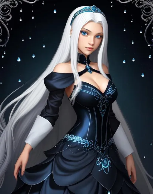 Prompt: A beautiful young 15 year old ((British)) Water elemental princess with light skin and a beautiful face. She has long white hair and white eyebrows. She wears a beautiful slim dark blue dress. She has brightly glowing dark blue eyes and water droplets shaped pupils. She wears a blue tiara. She has a blue aura around her. She is at prom in a large school gym with people around her. Beautiful scene art. Scenic view. Full body art. {{{{high quality art}}}} ((goddess)). Illustration. Concept art. Symmetrical face. Digital. Perfectly drawn. A cool background. Five fingers