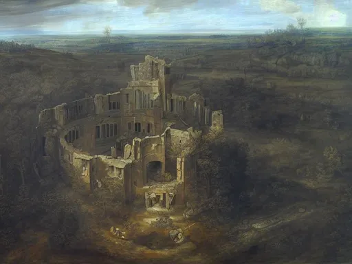 Prompt: bird view of an old ruin in a green forest In the style of Rembrandt