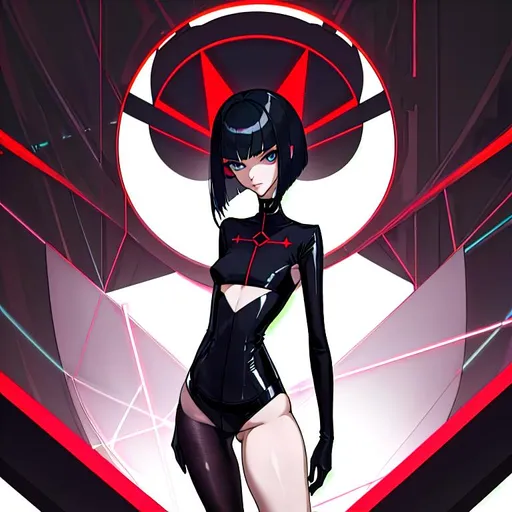 Prompt: a lonely AI girl, very tall, thick thighs, wide hips, long legs, slender arms, slender waist, big beautiful symmetrical eyes, intriguingly beautiful face, aloof expression, bob haircut with bangs, wearing Neo-Satanic Nihilism-Punk fashion clothes, high fashion, 12K resolution, hyper quality, hyper-detailed, hyper-realistic, hyper-professional