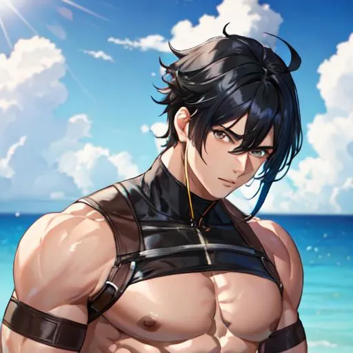 Prompt: Male (black hair in the front blue hair in the back) (brown eyes) buff, muscular. UHD, 8K, 
