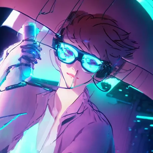 Prompt: a cute white blouse boy wearing protective glasses and one his hand holding a glass PDA like subnautica one, behind him is cyberpunk city. his glasses and earphone glow