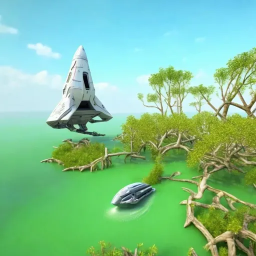 Prompt: realistic spaceship landing in a mangrove forest