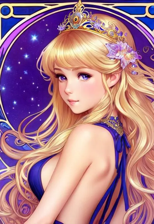 Prompt: Highly detailed girl,blonde crawl hair, ethereal, tiara, full art nouveau background, starsky background,mucha,alphonse mucha,blue,purple, innocent