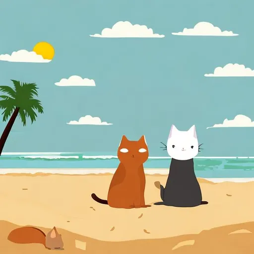 Prompt: simple illustration of 2 cats on the beach