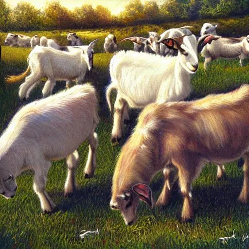 Prompt: goats on a farm realistic painting






