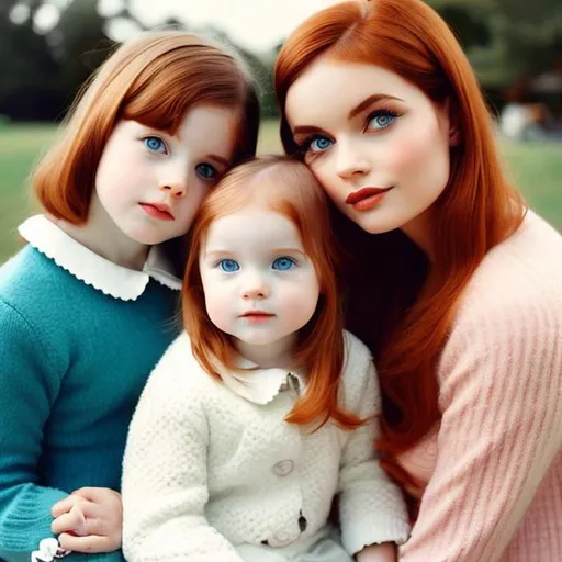 Prompt: A mother have brown hair,pale skin and blue eyes,with his two little daughters red hair,1960s aesthetic