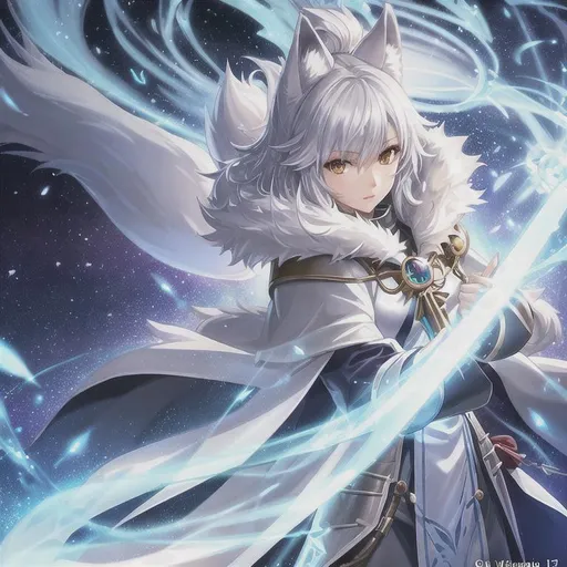 Prompt: arctic fox woman wizard, fursona, furry art, anthro, detailed cloth armor, detailed fur, anime key visual, makoto shinkai