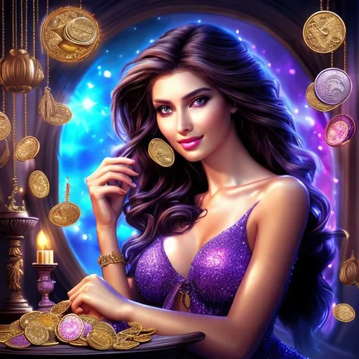 Prompt: HD 4k 3D 8k professional modeling photo hyper realistic beautiful woman ethereal greek goddess of prosperity
purple hair brown eyes gorgeous face tan skin shimmering dress jewelry tiara full body surrounded by magical glowing light hd landscape background garden table filled with coins drink and food