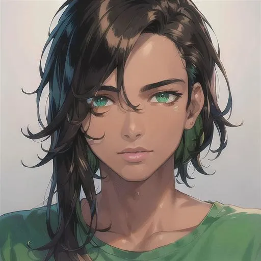 Prompt: (masterpiece, illustration, best quality:1.2), 1 man, brown skin, messy black hair, green sharp eyes, wearing casual medevil clothing, best quality face, best quality, best quality skin, best quality eyes, best quality lips, ultra-detailed eyes, ultra-detailed hair, ultra-detailed, illustration, colorful, soft glow, 