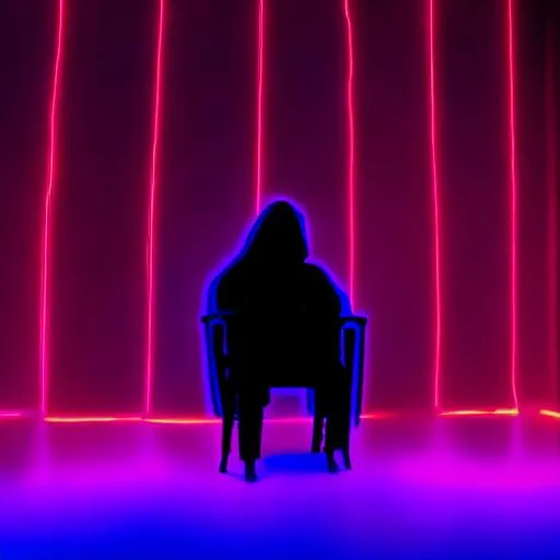 Prompt: Photo of a dark figure wearing a hoodie, Neon lighting, indoor, sitting alone on a chair in an empty room with pruple lighting, dark colors