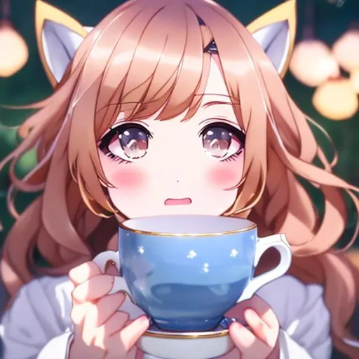 Prompt: Realistic art of (Senko-san) holding a teacup looking up at the camera (fox girl)