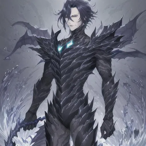 Prompt: Another dragoon emerges. The water splashes around him as he stands upon it, His name Tvrik. His hair short in length, but a dark black, moving between that which makes something dark, to the darkest. His armored skin is the same, patterned in swirling movements in between skin that is pale. His eyes abyssal, glow with a glimmer of paleness that is gray. “Oh, I’m ready for this!” He grins while stroking his beard. He gets into a crouching position. His strong stature giving in intimidating presence. 