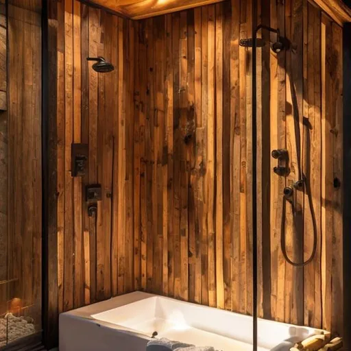 Prompt: Make a picture that will look like as close as possible to a photography, that will present an outside shower in a natural hotel, a combination of wood and bronze design and minimalist, eclectic style