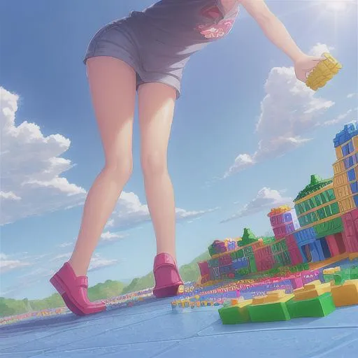 Prompt: a little girl playing with a lego block in the lego world, cloud and sky, sunshine, block toy