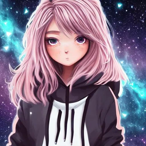 Prompt: anime girl with black hoodie, short, light faded pink hair brown eyes,  starry galaxy scenery extreme detail. animated, beautiful goddess like