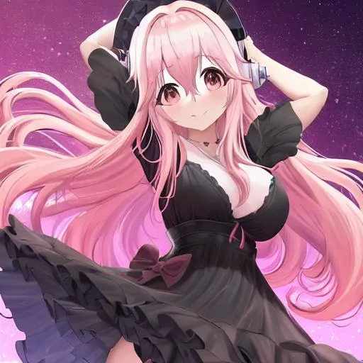 Prompt: Super Sonico wearing a black dress
pink hair  
hands behind her back 
learning forward
She is happy and it is nighttime and she is outside