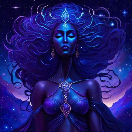 Prompt: Goddess Nyx, stunning beauty, night sky in background, dark purple and blue energy, celestial