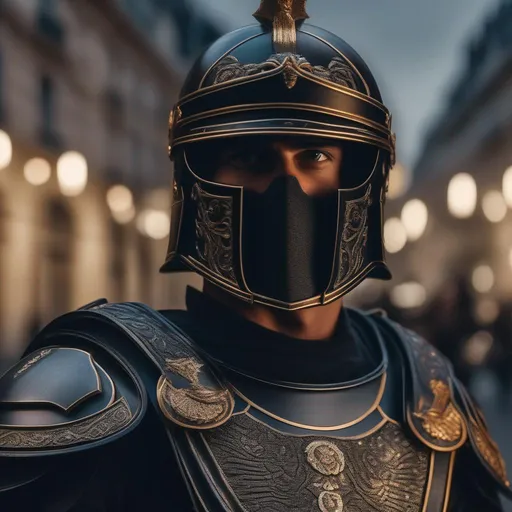 Prompt: A modern futurist roman military male in black military armor galea helmet of roman armor, with a gunfire with iron face mask, background Paris in war, Hyperrealistic, sharp focus, Professional, UHD, HDR, 8K, Render, electronic, dramatic, vivid, pressure, stress, nervous vibe, loud, tension, traumatic, dark, cataclysmic, violent, fighting, Epic