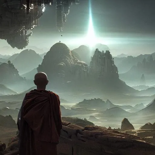 Prompt: a monk looking down at a vast sci - fi dystopian valley landscape at sunrise on an alien planet, ruined alien architecture, cosmic, nebula highly detailed, vivid color, cinematic lighting, perfect composition, 8 k, h. r giger, derek zabrocki, greg rutkowski, sangyeob park, maxfield parrish, octane render