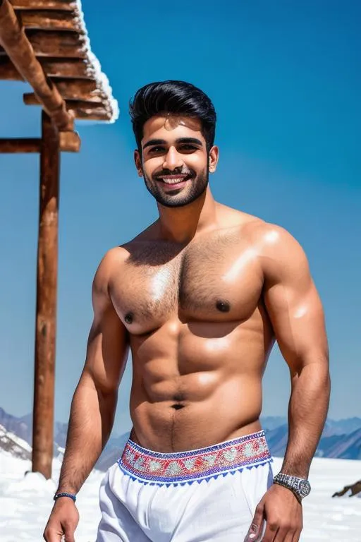 Prompt: portrait of "handsome delhi rugged army hunk", "sleeveless t shirt", "hyperreal detailed face", with smile,  on white snow mountain,dhoti, "feet", arena, perfect composition, hyperrealistic, super detailed, 8k, high quality, trending art, trending on artstation, sharp focus, studio photo, intricate details, highly detailed