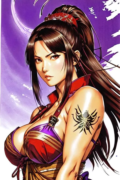 Prompt: Samurai Shodown 3 Art (((Yoji Shinkawa))), sticker of ultra detailed portrait of Olivia Munn in detailed purple heavy samurai armor, high quality cell shaded illustration in post apocalyptic style by Yoji Shinkawa, ((full body)), dynamic pose, perfect anatomy, centered, freedom, soul, brown long hair,tan skin approach to perfection, cell shading, 4k , cinematic dramatic atmosphere, watercolor painting, global illumination, detailed and intricate environment, artstation, concept art, fluid and sharp focus, volumetric lighting, cinematic lighting, Art by Ilya Kuvshinov
