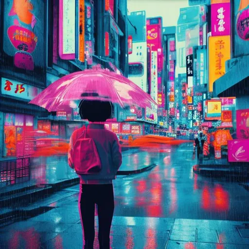 Prompt: a woman with a child in japan, raining, nighttime, realistic, futuristic, 4K, in the background the metaverse, neon, in the style of Andy warhol, vibrant pastels, very colorful