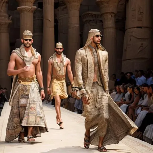 Prompt: Men's modern fashion show amidst the heritage and antiquities of the Pharaonic civilization, as if the fragrant of history mixed with the elegance of the present