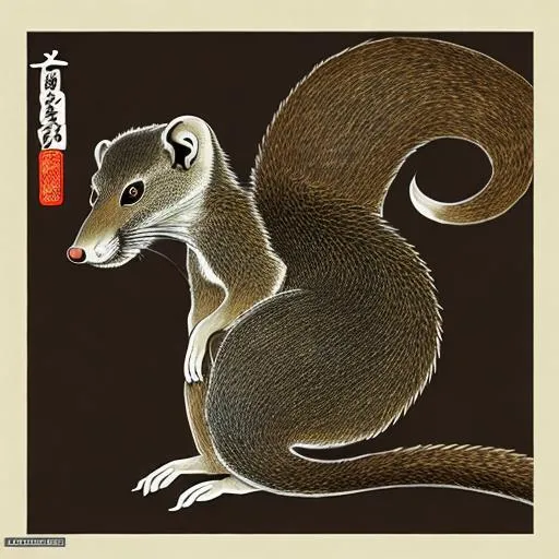 Prompt: Japanese Mon of the silhouette of a Mongoose, On a black Sash, Brown and Dark Green Colors, Legend of the Five Rings, Asian Aesthetic, L5R, charcoal drawing, digital illustration, ink drawing