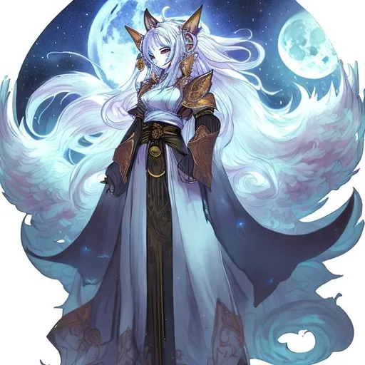 Prompt: celestial summoner female kitsune in the moonlight