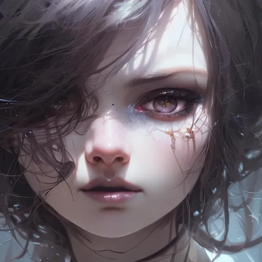 Prompt: Closeup face portrait of a {goth girl}, smooth soft skin, big dreamy eyes, beautiful intricate colored hair, symmetrical, anime wide eyes, soft lighting, detailed face, by makoto shinkai, stanley artgerm lau, wlop, rossdraws, concept art, digital painting, looking into camera