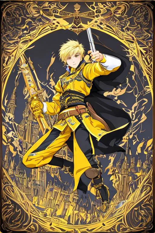 Prompt: 2D flat color fantasy medieval city silhouette vector background, action shot, extreme long shot wide view, full frame wide angle,

masterpiece intricate hyperdetailed best quality flat color pencil sketch 2D 1 anime boy joyful, blonde short hair, detailed yellow and black fantasy leather and cotton clothes, detailed face,

jumping, dynamic pose,

precise hard pencil strokes, thick and hard pencil outline,

hyperdetailed 2D vector concept art picture, vector, illustration, character concept,

2D fantasy concept art style, inspired by final fantasy art, adventure, inspiring, colorful, heroic fantasy art,