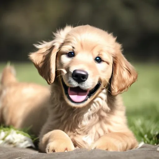Prompt: cute realistic puppy golden retriever smiling