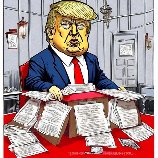 Prompt: Documents marked top secret in boxes, obese Trump sitting in the loo under the chandelier between document archive boxes along the wall, too long red tie, navy blue suit, toilet with chandelier  scene,  Sergio Aragonés MAD Magazine cartoon style 