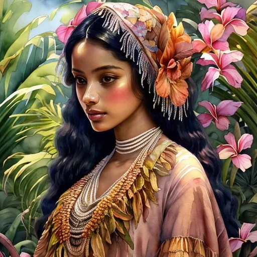 Prompt: (watercolor painting), portrait, half body, tropical garden, tropical flowers, beautiful Indonesian woman, (1870, Victorian clothes, lace shawl round shoulders), (round face, high cheekbones, almond-shaped brown eyes, epithanic fold, long wavy black hair, small delicate nose, slightly flattened nose bridge, wide nasal base, light tan skin), style Elizabeth Murray, Watercolor, trending on artstation, sharp focus, studio photo, intricate details, highly detailed, by greg rutkowski