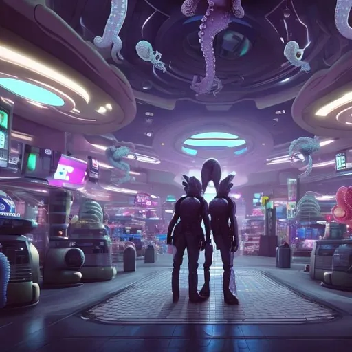 Prompt: octopus security guards in a busy alien mall, widescreen, infinity vanishing point, galaxy background, surprise easter egg