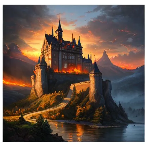 Prompt: Beautiful castle fire landscape, oil painting, UHD, 8k, Very detailed, cinematic, realistic, photoreal, trending on artstation, sharp focus, studio photo, intricate details
