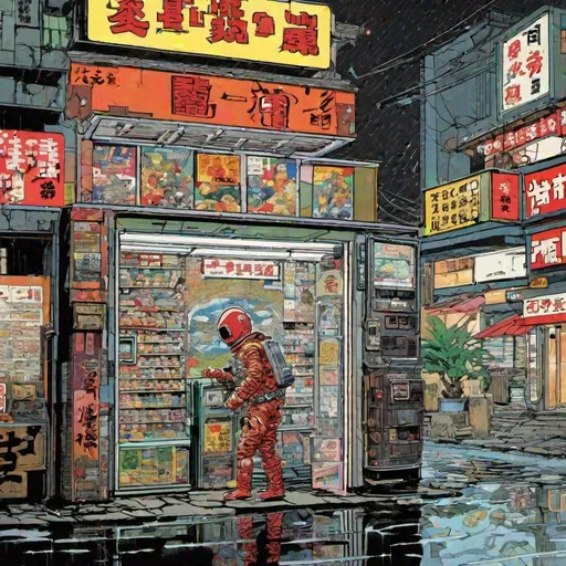 Prompt: Jack kirby comic book art. space man. vending machine. rainy street. tokyo 2199. futuristic structures juxtaposed against old noodle shops. 