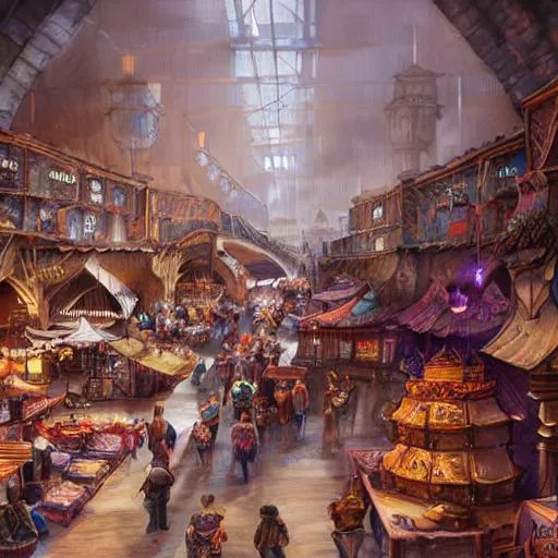 Prompt: large, cavernous hall as large as a town with a fantasy bazaar, with stalls, food stands, and taverns, cinematic composition, detailed, concept art, Matt painting, oil painting, high res, bird view