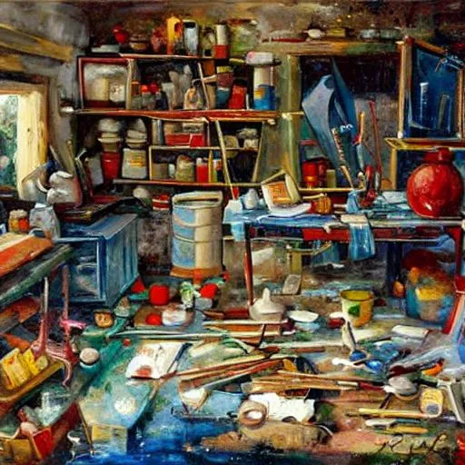 Prompt: A painting of a painter's workshop with paints and brushes laying all around