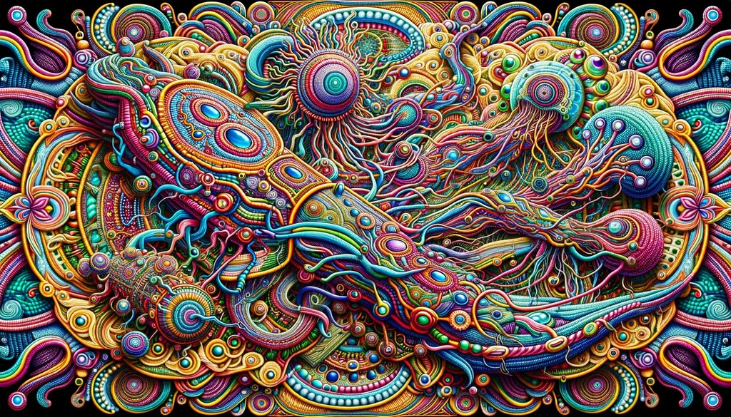 Prompt: Illustration depicting DMT entities as they become part of elaborate tapestries woven from psychedelic threads. The designs are intricate and vibrant, with the entities and threads merging in a harmonious dance of color and form.