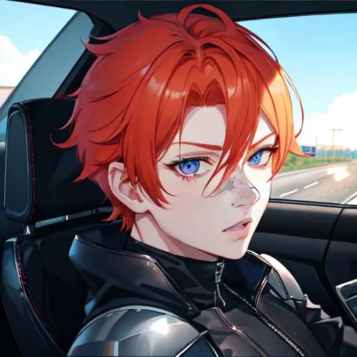 Prompt: Erikku male (short ginger hair, freckles, right eye blue left eye purple) muscular, riding a motorcycle. UHD, 8K, Highly detailed, wearing biker gear, driving on the freeway, close up, insane detail, best quality, high quality