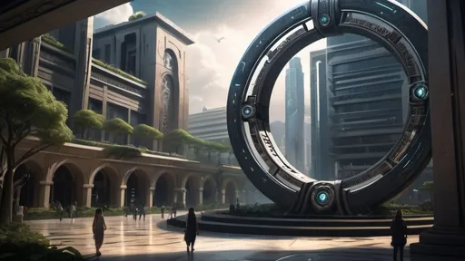 Prompt: magical portal between cities realms worlds kingdoms, circular portal, ring standing on edge, upright ring, freestanding ring, hieroglyphs on ring, complete ring, ancient greek architecture, gardens, hotels, office buildings, shopping malls, large wide-open city plaza, turned sideways view, futuristic cyberpunk tech-noir setting