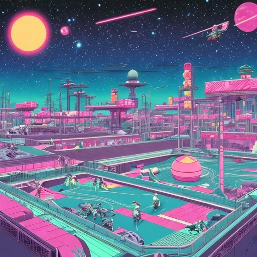 Prompt: retro skate park scene, imperial japan, retrowave, neon, synthwave, vaporwave, highly detailed, galaxy sky, cosmos