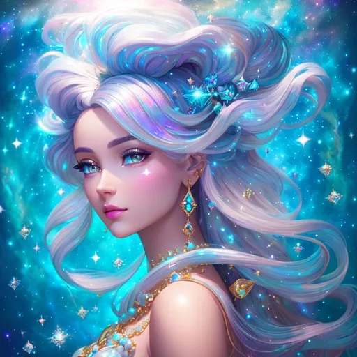 Prompt: portrait full body of goddess, diamonds, digital painting, style of Pixar, Fragonard, highly-detailed, cinematic, cream, washed out palette, soft pastel color palette, light trails, scales, 
 sparkling, stars, galaxy, nebula, translucent, iridescent, long hair, legs visible,  arms visible, perfect composition, hyperrealistic, super detailed, 8k, high quality, sharp focus, intricate details, highly detailed, dynamic lighting, detailed and intricate environment, highest quality 