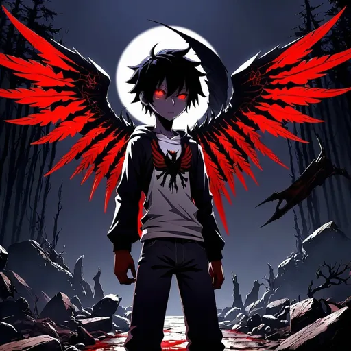 Prompt: 3d dark j horror anime style, boy, anime scene, black boy with red and black wings