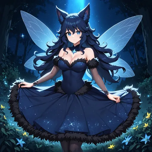 Prompt: Attractive woman. Fairy features. Midnight fluffy hair. Monster girl. Starry dress